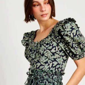 En Saison Arielle Shirred Floral Poplin Crop Blouse In Forest Navy Size M NWT